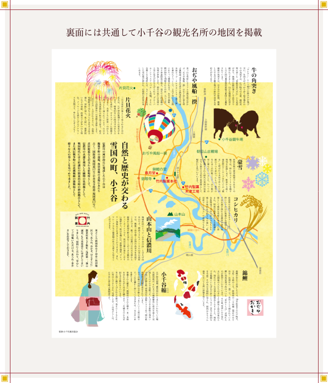 裏面には共通して小千谷の観光名所の地図を掲載