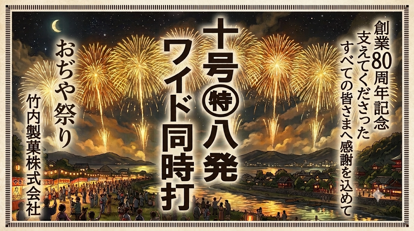 おぢやまつりで創業80周年記念花火を打ち上げました。